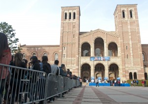 Students stand in a line outside of Royce Hall that extends to Janss Steps as they wait to see the world premiere of the 12th season of “American Idol.”