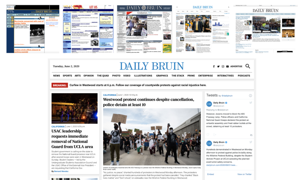 The Daily Bruin homepage has undergone several design changes since the website was launched in 1994.