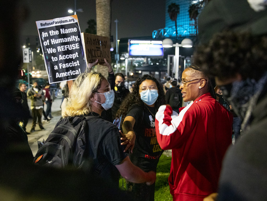Demonstrators from RefuseFascism clashed with Black Lives Matter representatives at the Staples Center after attempting to lure attendees to join their demonstration at nearby Pershing Square.