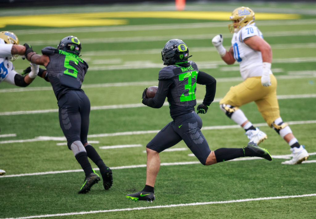 With seconds to go in the first half, an attempted hail mary on fourth down was intercepted by Oregon safety Jordan Happle for a pick 6, ending UCLA's lead in the game.