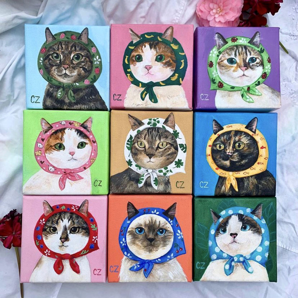 Zhou said she was first inspired by pictures of other people's pets in headscarves before she began to paint her own cat in such an accessory. Requests for commissions came in soon after, she said. (Courtesy of Chang Zhou)