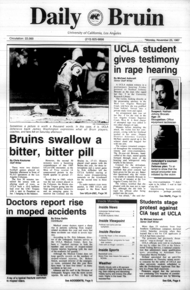 This the front page of The Bruin's Nov. 23, 1987 issue, its first after UCLA's loss to USC. (Courtesy of UCLA Library).