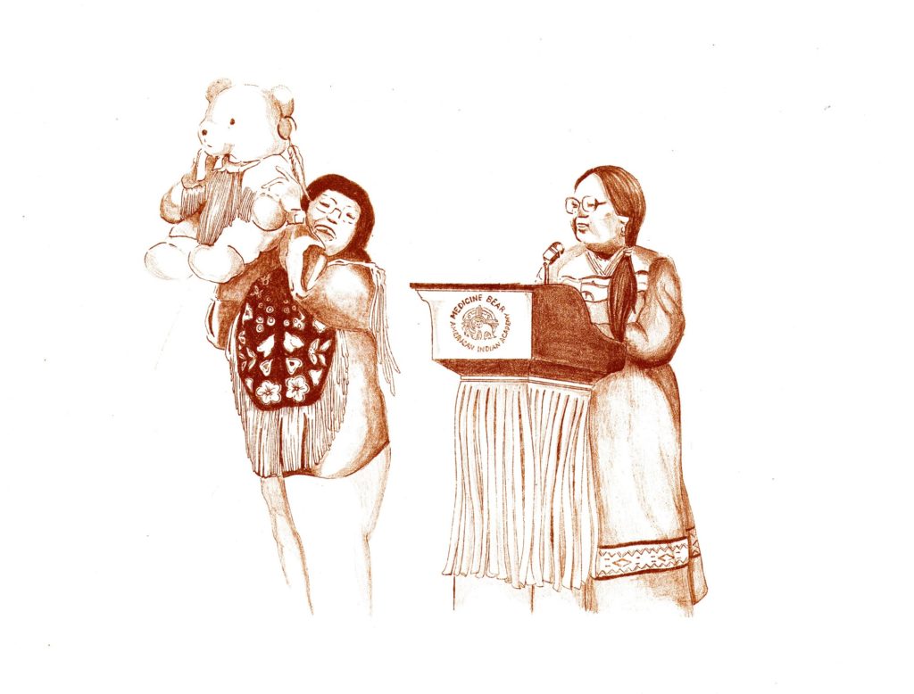Linda Lindsay, left, and Judy Mays, right, August 1994 in front of the Historic Fort Wayne, during the grand opening of the Medicine Bear American Indian Academy. This drawing is by Liseth Amaya. (Courtesy of Kyle Mays)