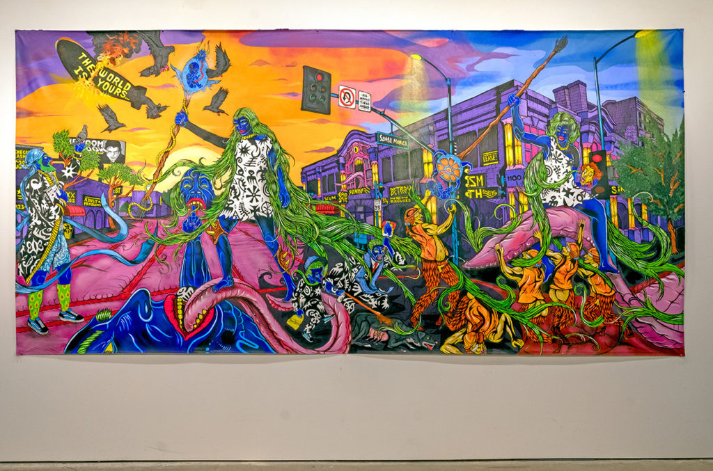 Cisneros&squot; painting, "Another Day In Paradise," depicts various nudges to Los Angeles culture on a scale of 108 inches by 64 inches. (Courtesy of Nehemiah Cisneros)