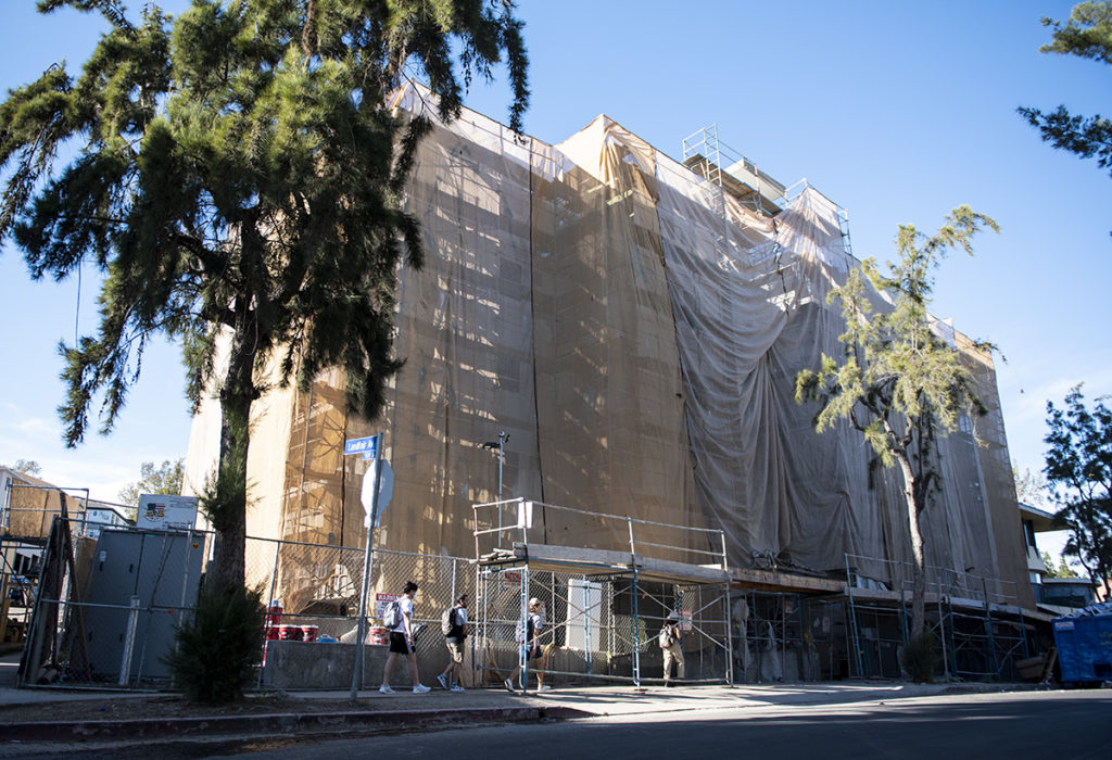 Ongoing plans to build dormitories around UCLA are in the works. Pictured is the construction taking place on Strathmore Drive near UCLA.   (Ariana Fadel/Daily Bruin staff)