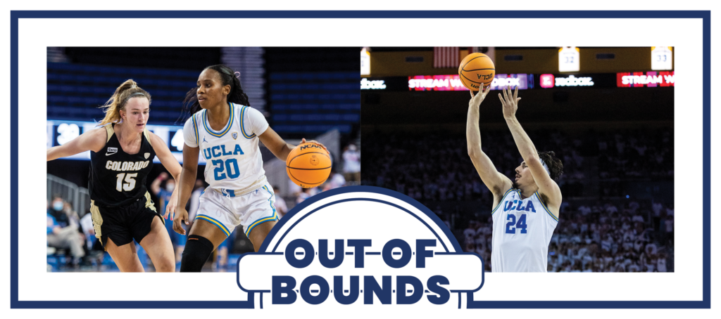 UCLA women's basketball junior guard Charisma Osborne (left) dribbles and UCLA men's basketball junior guard/forward Jaime Jaquez Jr. (right) takes a jumper.