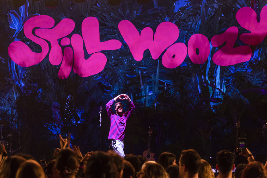 With greenery framing the groovy front of the Still Woozy logo, the artist commanded the stage despite technical difficulties. (Anika Chakrabarti/Assistant Photo editor)
