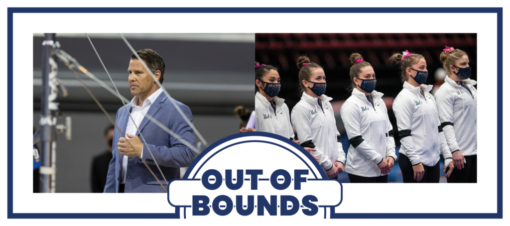 UCLA gymnastics coach Chris Waller (left) and gymnasts (right) look on during separate meets. (Left to right: Ashley Kenney/Photo editor, Antonio Martinez/Daily Bruin staff)