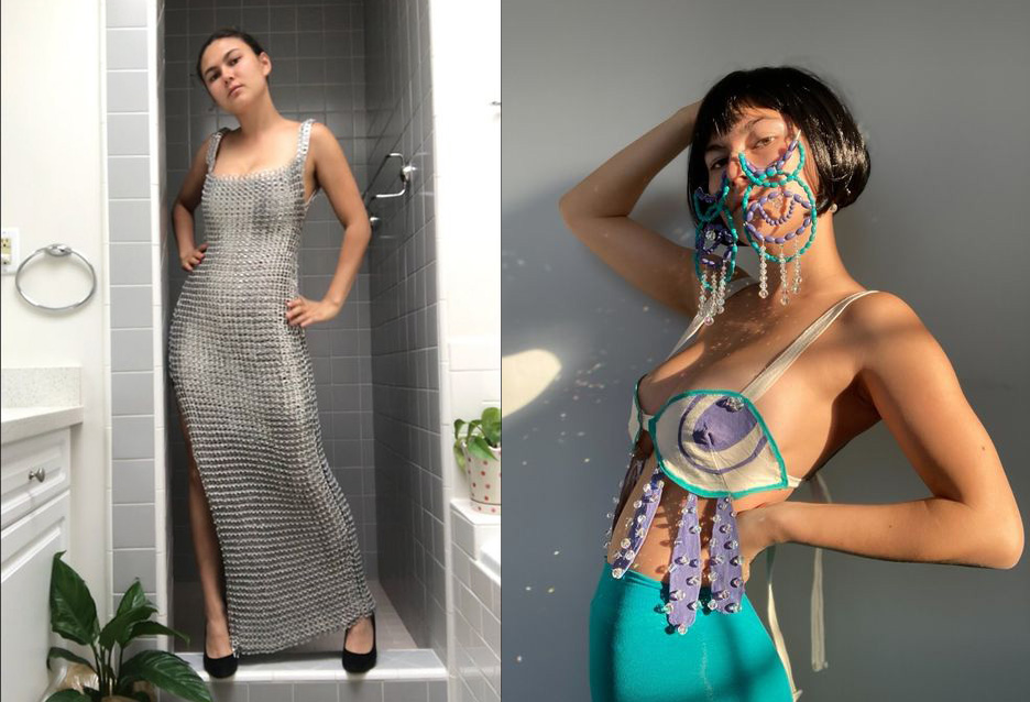 Inspired by Spanish designer Paco Rabanne and friend Isabella Parenti, Lin created a silver prom dress made of soda can pop tabs (left) and a beaded teal, purple and cream set (right), respectively. (Courtesy of Agnes Lin)