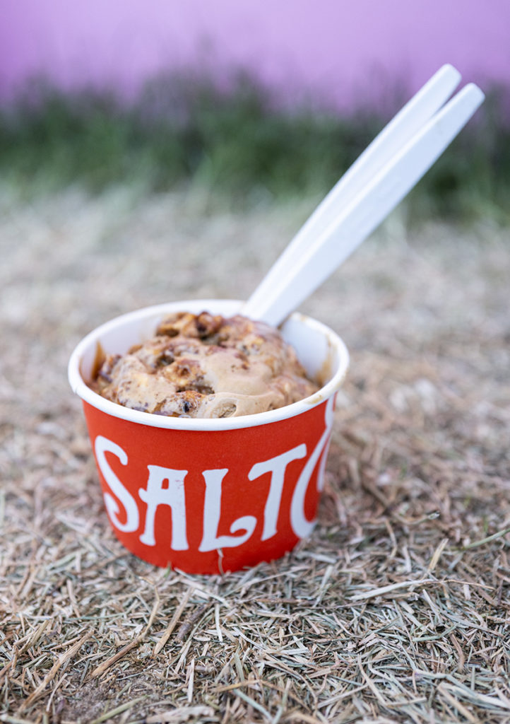 A single scoop of Salt & Straw ice cream sits with two spoons placed in it. The speciality ice cream chain featured classic offerings and a new array of offerings made specially for Coachella. (Ashley Kenney/Photo editor)