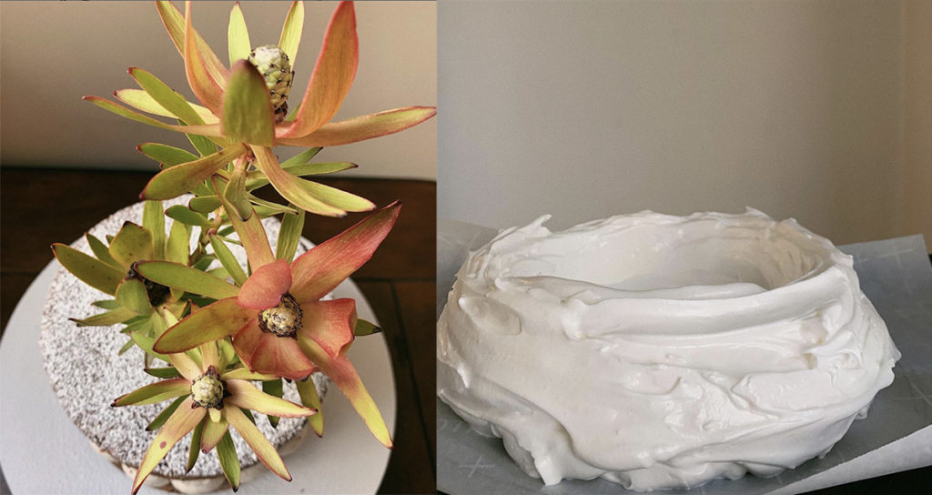A medjool date-based brown sugar cake is topped with leucadendron hybrid sundance flowers (left) and meringue sits in its pavlova shape (right). Manuel said the meringue-based pavlova cakes are her favorite bakes because of their versatility. (Courtesy of Sam Manuel)