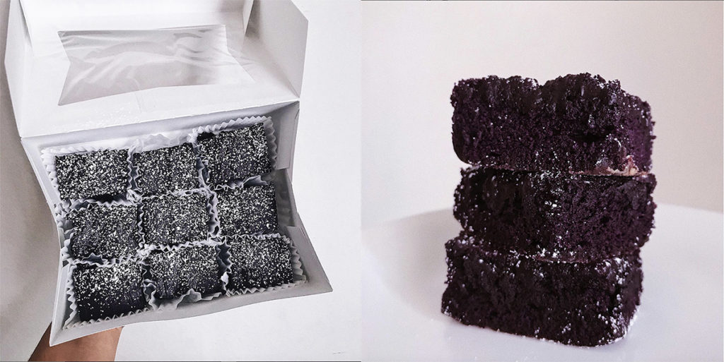 A box of oobies – ube brownies – is open (left) and three are stacked on top of one another (right). Passed down by her family, Manuel's ube jam recipe provides the foundation for her oobies. (Courtesy of Sam Manuel)