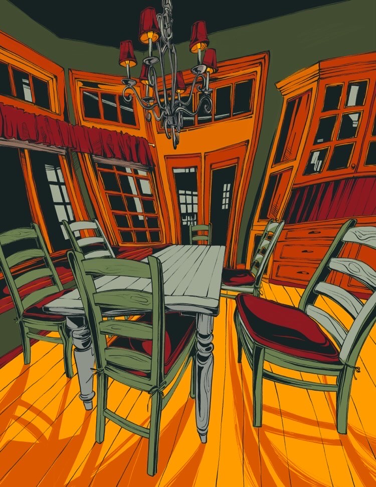 A kitchen table is illustrated in a room with distorted walls featuring green, yellow and orange hues. While the artwork features a nontraditonal color pallet, Glantz said the furniture and room structure depicted in the piece is based on her own kitchen. Courtesy of Lily Glantz)