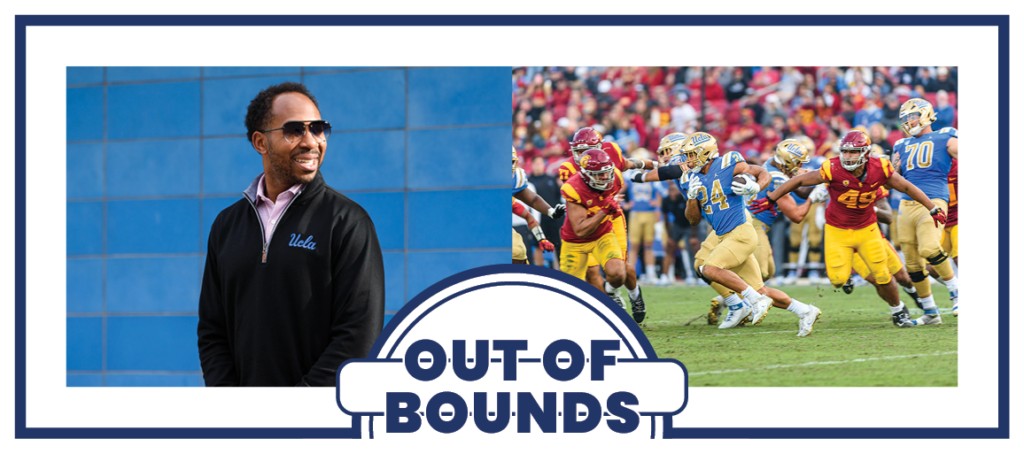 UCLA Athletics Director Martin Jarmond (left) stands. UCLA plays against USC in a football game (right). (Left to right: Jeremy Chen/Assistant Photo editor, Daily Bruin File Photo)