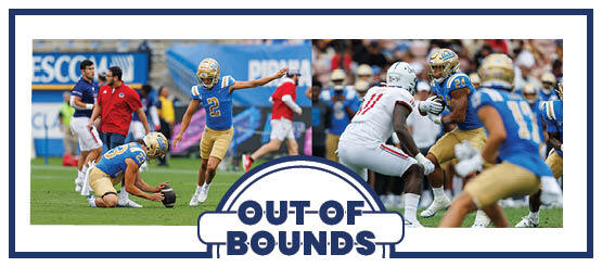 Redshirt junior kicker Nicholas Barr-Mira (left) kicks a field goal, and senior running back Zach Charbonnet runs the ball in UCLA football's win over South Alabama. (Joseph Jimenez/Assistant Photo editor)