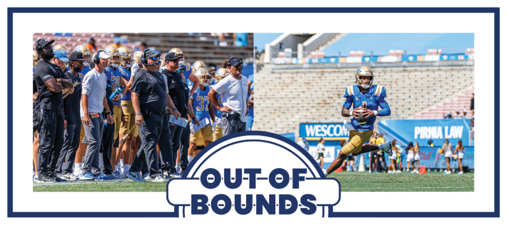 UCLA football coach Chip Kelly (left) instructs from the sidelines next to football staff, and UCLA quarterback redshirt senior Dorian Thompson-Robinson (right) holds a football. (Kaiya Pomeroy-Tso/Daily Bruin Senior Staff)