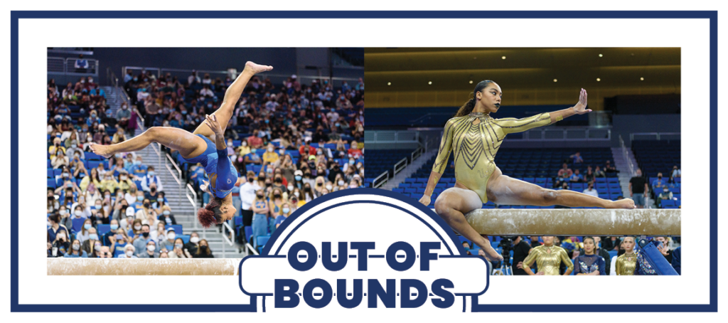 UCLA gymnastics' rising sophomore Jordan Chiles (left) does a backflip on a beam and UCLA gymnastics' rising fifth-year Margzetta Frazier (right) poses on a beam. (Left to right: Jeremy Chen/Assistant Photo editor, Jason Zhu/Daily Bruin staff)