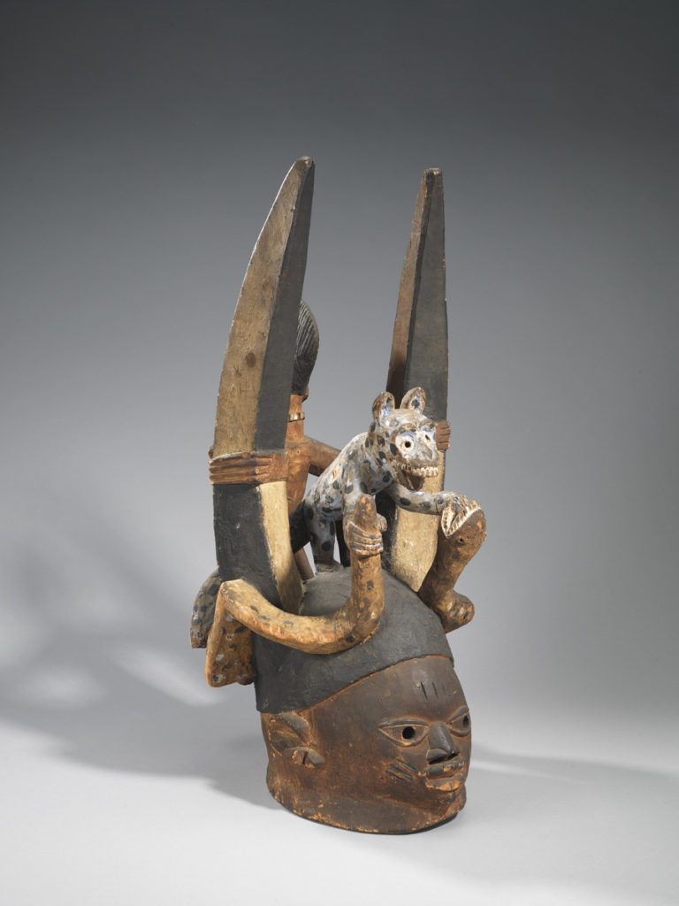 Attributed to the family of Sokan Akinyoke (Ikoto Quarter, Abeokuta, Nigeria)Egungunor Oro Society Mask, before 1911Wood, pigment, laundry bluing, metal screw, X65.8237; Gift of the Wellcome Trust (Courtesy of Fowler Museum)