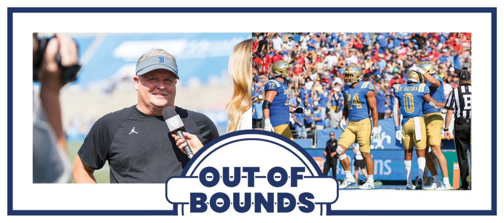 No. 9 UCLA football coach Chip Kelly (left) is interviewed after a game, and Bruins celebrate after a score (right). (Left to right: Joseph Jimenez/Assistant Photo editor, Jason Zhu/Daily Bruin staff)