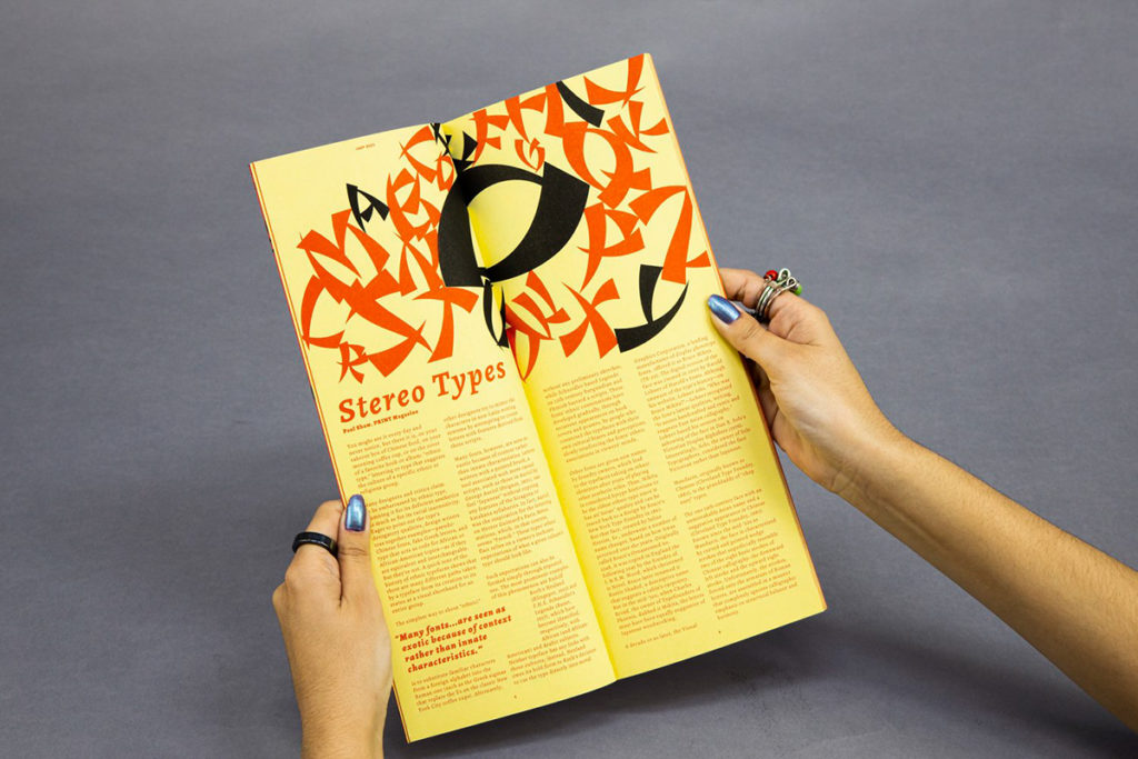The zine is opened to yellow pages with black and red-orange text. Printed using a RISO printer, Li’s friend and fourth-year design media arts student Anubha Gupta said this tool has been instrumental in Li's more personal, physical pieces.  (Courtesy of Elizabeth Li)