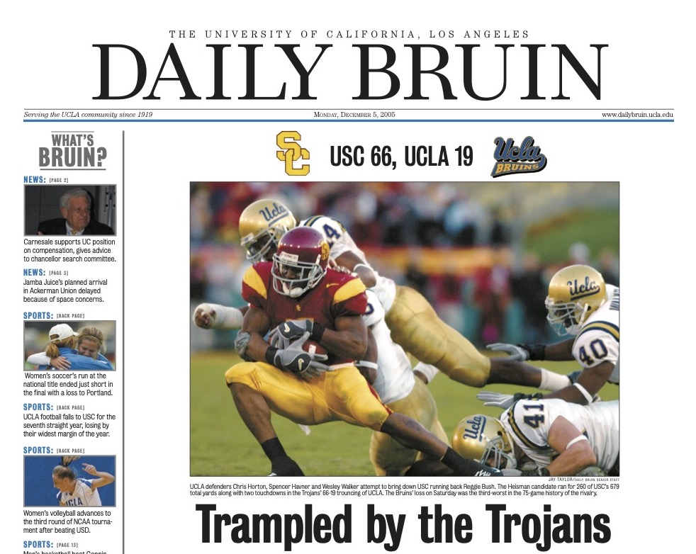 Pictured is a print edition of the Daily Bruin's UCLA vs. USC football coverage from 2005. (Daily Bruin archive)