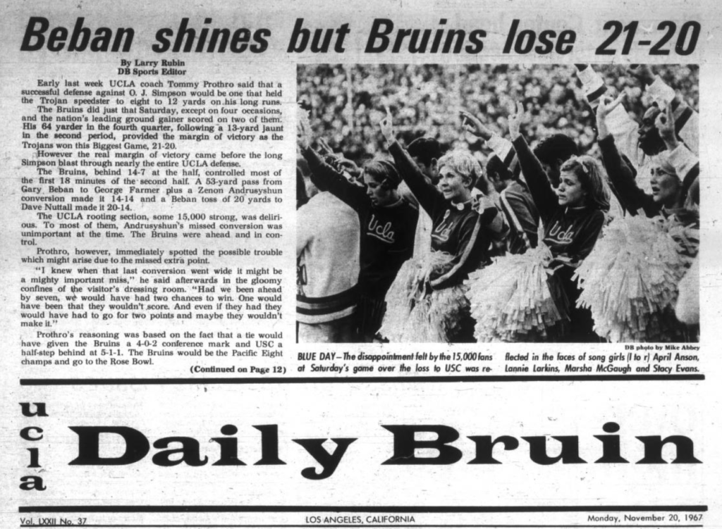 Pictured is a print edition of the Daily Bruin's UCLA vs. USC football coverage from 1967. (Daily Bruin archive)
