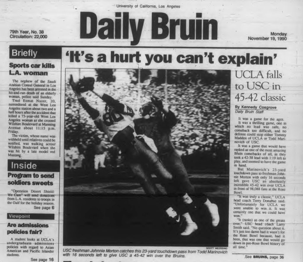 Pictured is a print edition of the Daily Bruin's UCLA vs. USC football coverage from 1990. (Daily Bruin archive)