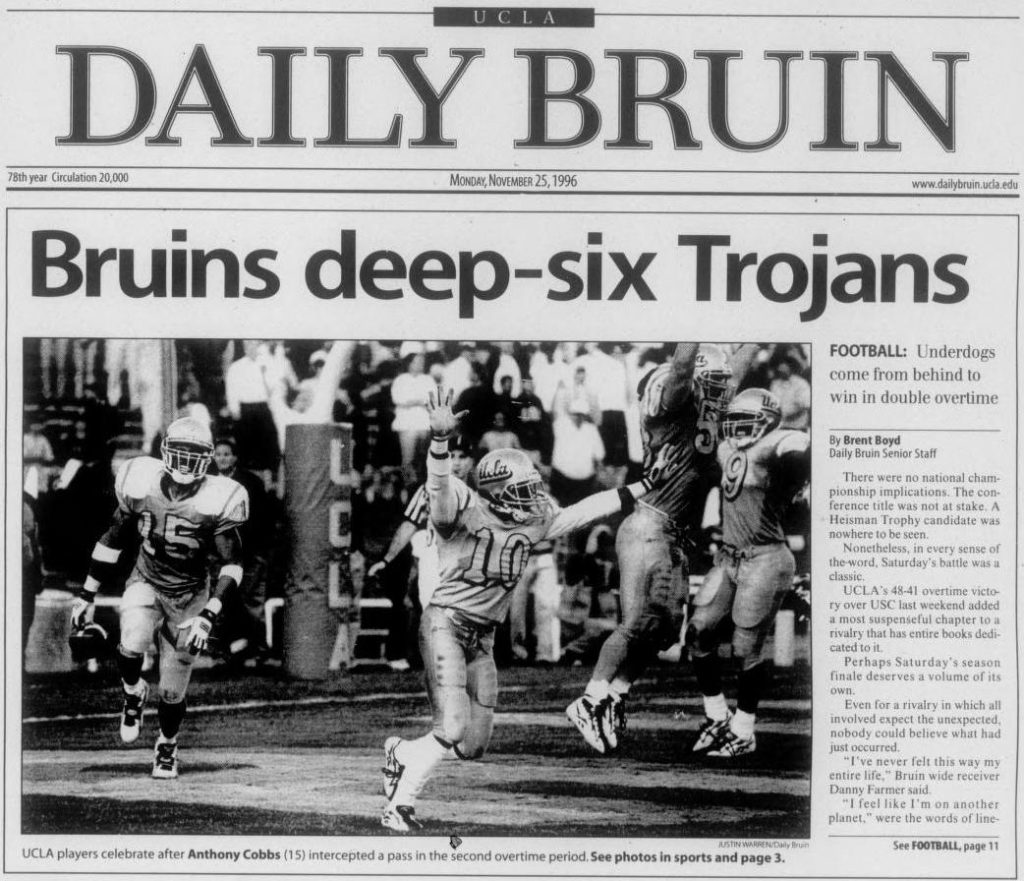 Pictured is a print edition of the Daily Bruin's UCLA vs. USC football coverage from 1996. (Daily Bruin archive)