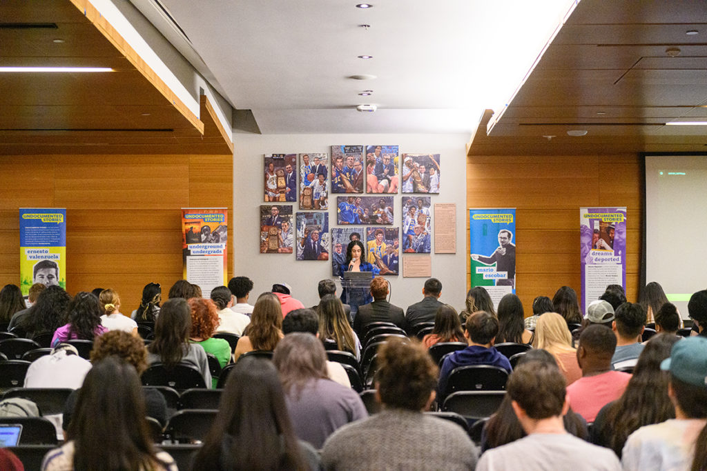 A speaker at the students without permanent resident status teach-in. (Shengfeng Chien/Daily Bruin staff)