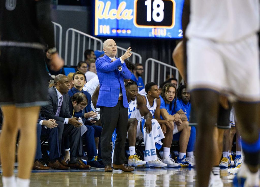 Coach Mick Cronin talks to his players from the sideline. (Jason Zhu/Daily Bruin staff)