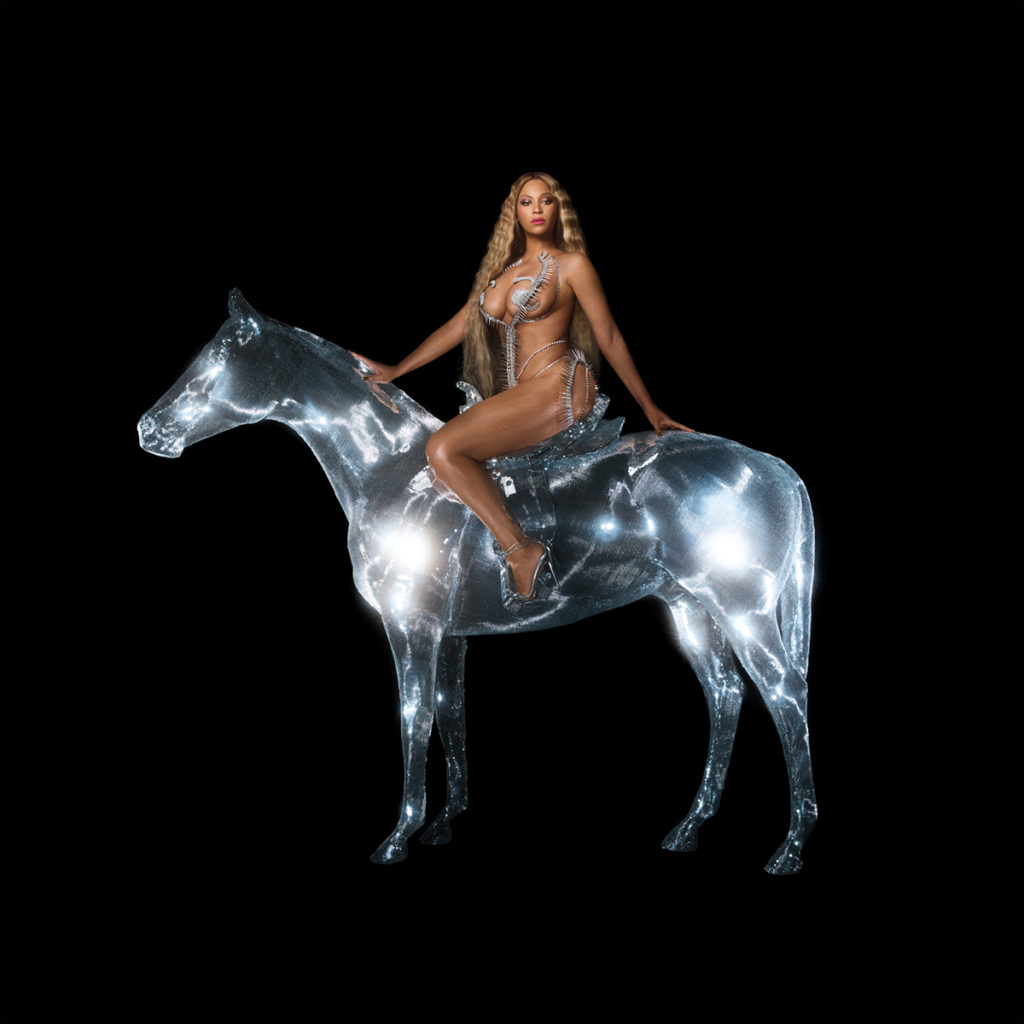Beyoncé sits atop a glittering horse on the cover of her seventh album, "RENAISSANCE," which is nominated in nine Grammys categories, including Album Of The Year and Best Dance/Electronic Album. (Courtesy of Columbia Records)