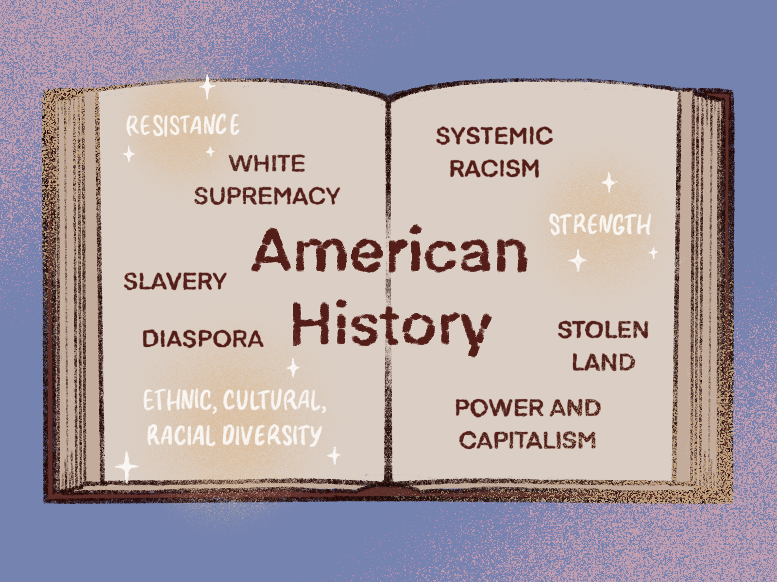 Book entitled American History with subjects "systemic racism" "strength" "stolen land" "resistance" "diaspora" "power and capitalism"