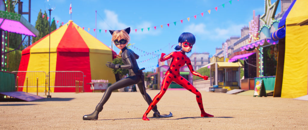 Parisian teens Marinette and Adrien stand as their superhero identities, Ladybug and Cat Noir. “Miraculous: Ladybug and Cat Noir: The Movie” will premiere July 5. (Courtesy of Netflix)