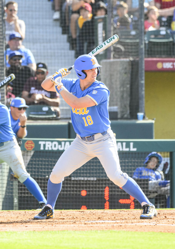 Outfielder Carson Yates readies for the pitch while standing at the plate. (Felicia Keller/Daily Bruin senior staff)