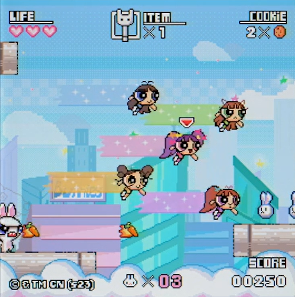 Five pixelated characters in the style of The PowerPuff Girls zoom across the screen in NewJeans&squot; colorful "Get Up" announcement graphic. The K-pop group&squot;s second EP will release on July 21. (Courtesy of NewJeans)