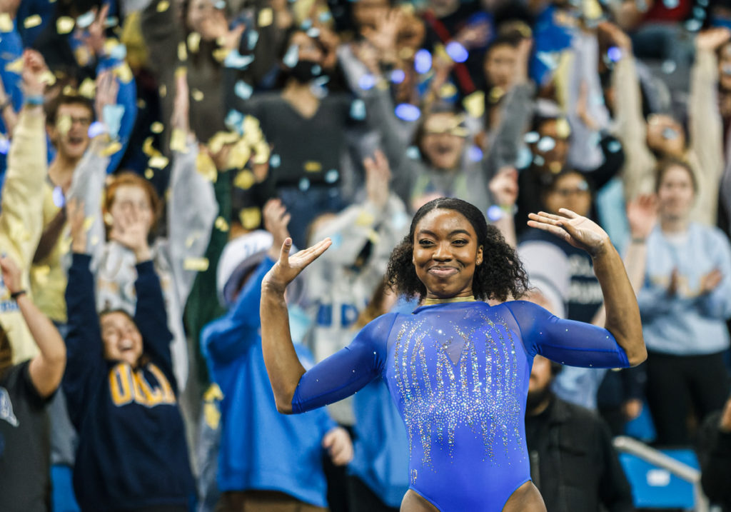 Rising senior Chae Campbell celebrates during a meet for UCLA gymnastics. Campbell was a co-president of the Black Student-Athlete Alliance in her junior year. (Joseph Jimenez/Photo editor)