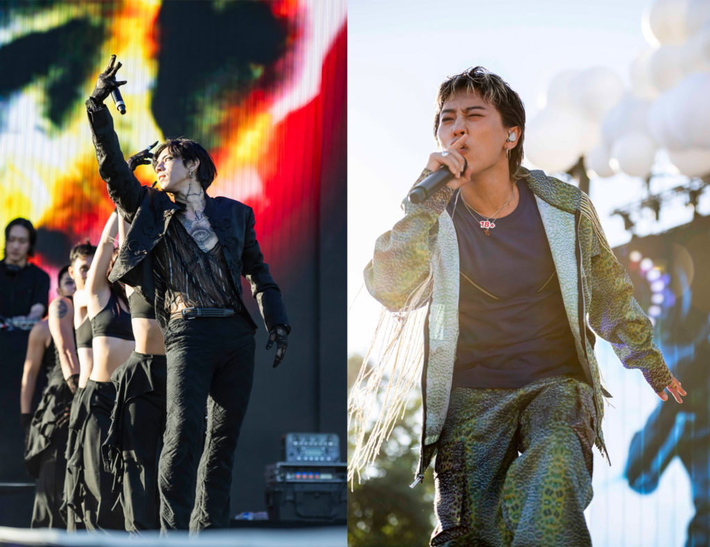 In a high-contrast collage, (Left) DPR Ian extends a gloved hand dressed in black against a digital backdrop of flames. On the other side, DPR LIVE hunches over whilst singing into the microphone, sporting an emerald green tracksuit with ivory fringe. (Megan Cai/Daily Bruin senior staff)