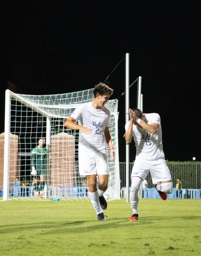 Graduate student forward Jack Sarkos celebrates the first home goal of the season for UCLA men's soccer. (Jack Stenzel/Daily Bruin staff)