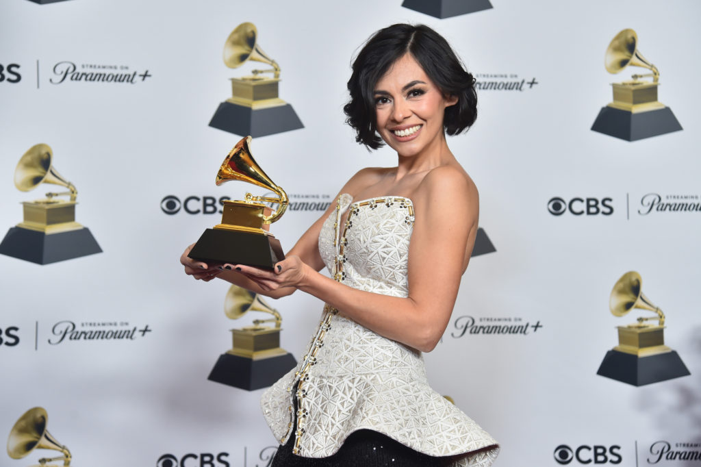 Christina Sanabria poses with the Best Children&squot;s Music Album Grammy award for "We Grow Together Preschool Songs." Sanabria is one half of the husband-and-wife duo 123 Andrés alongside Andrés Salguero. (Courtesy of Alberto E. Rodriguez/Getty Images for The Recording Academy)