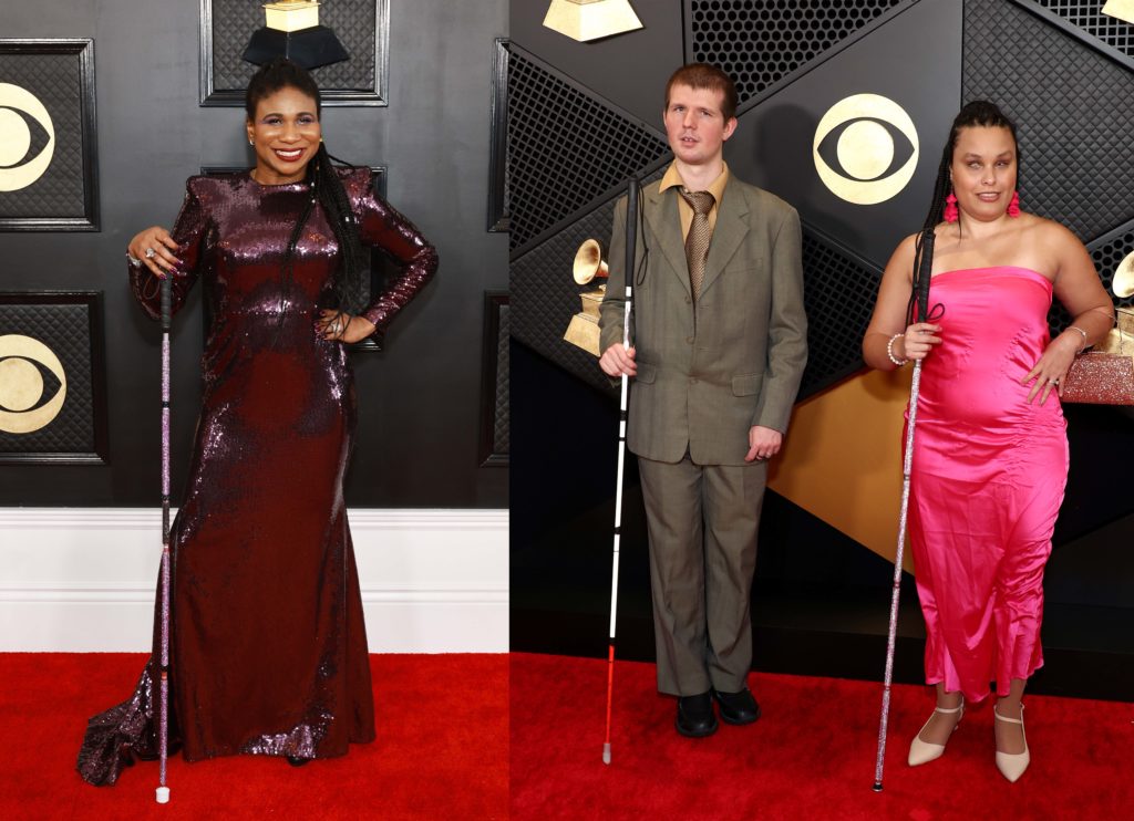 Dressed in a plum dress, RAMPD co-founder Lachi (left) poses on the Grammy awards red carpet. Known as "the blind reggaetonera," Precious Perez (right) also attended the red carpet event and spoke alongside Lachi about the work done by RAMPD. (Courtesy of Matt Winkelmeyer/Getty Images for The Recording Academy, courtesy of Matt Winkelmeyer/Getty Images for The Recording Academy)