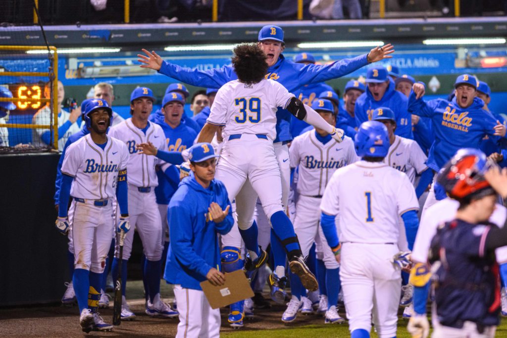 Freshman first baseman Mulivai Levu celebrates his two-run home run in the fifth inning of Friday night's contest against Gonzaga at Jackie Robinson Stadium. (Michael Gallagher/Daily Bruin)
