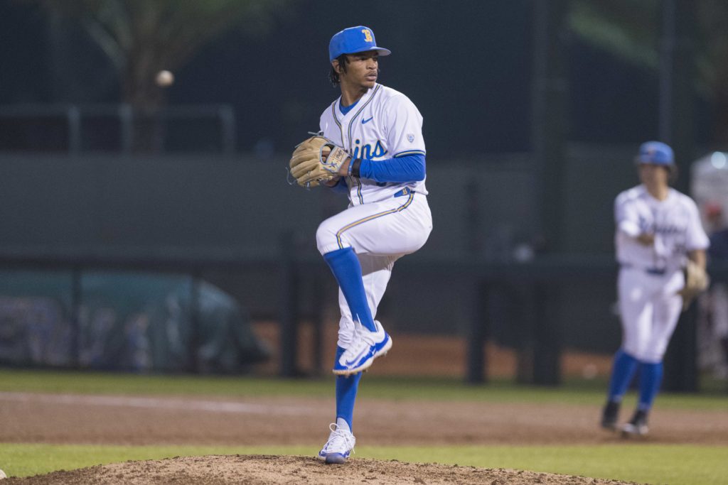 Graduate student right-hander Rashad Ruff delivers a pitch. (Michael Gallagher/Daily Bruin)