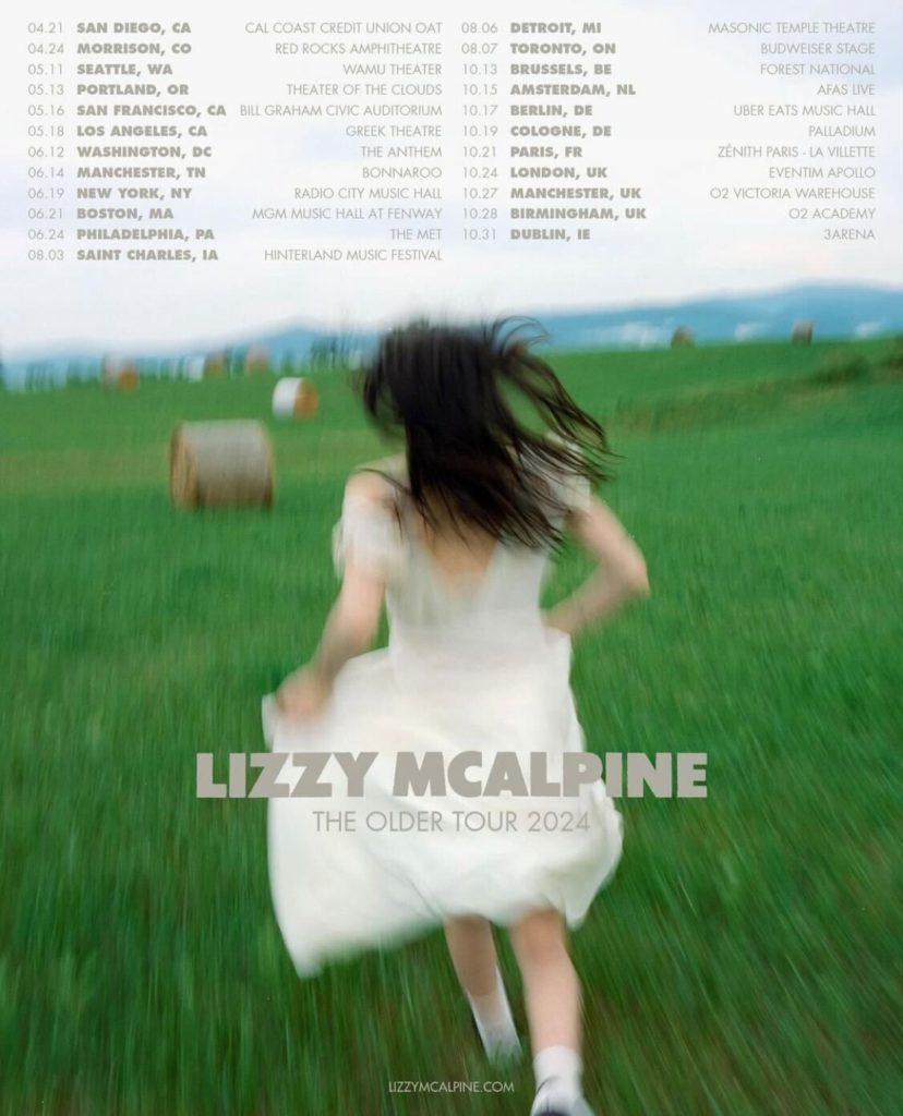 Lizzy McAlpine runs in a field as part of the poster for the singer-songwriter's Older Tour. Named after her latest album, the tour will include two dates at the Greek Theatre. (Courtesy of Lizzy McAlpine)