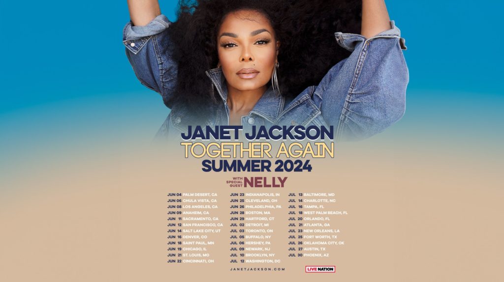 A blue to beige gradient underscores a graphic reading the 2024 dates for Janet Jackson's Together Again Tour. The tour continues this June after its first leg in 2023. (Courtesy of Live Nation)