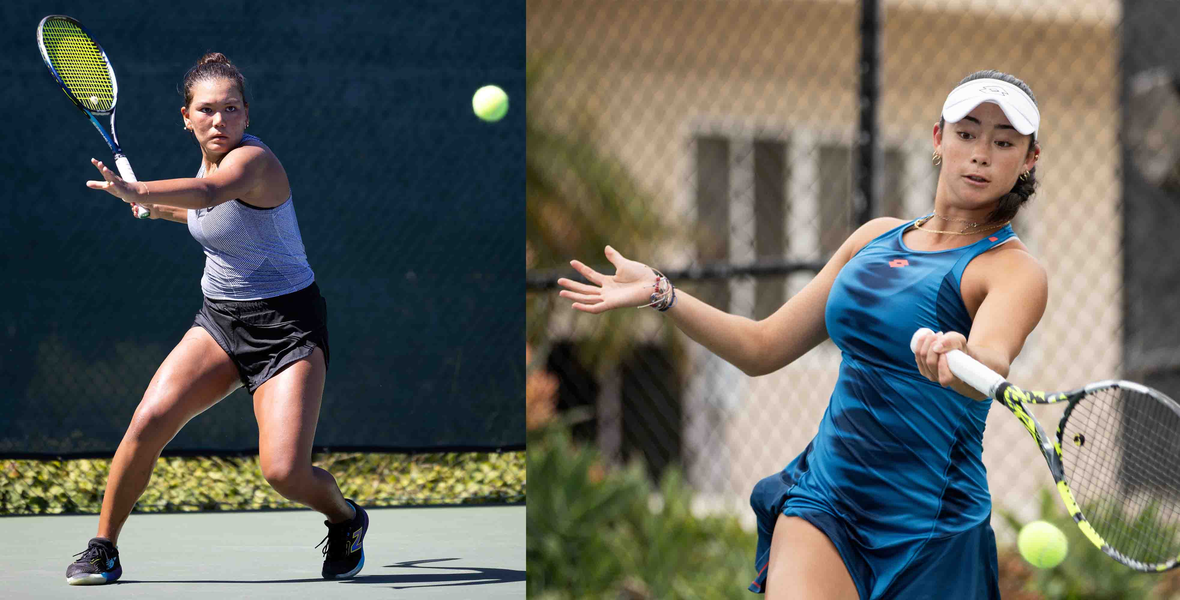 The two UCLA women's tennis recruits, incoming freshmen Kate Fakih (left) and Oliva Center (right), return shots at the SoCal Pro Series. (Left to right: Courtesy of USTA SoCal/Jon Mulvey, Courtesy of USTA SoCal/Lexie Wanninger)