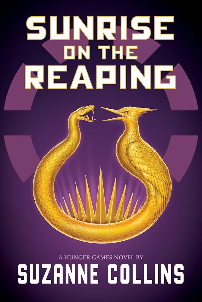 Shown is the‌ purple and gold cover of Hunger ⁤Games author Suzanne Collins' ‍latest‌ installment in the franchise, 'Sunrise on the Reaping,' ‌which serves as the second prequel to the original trilogy.