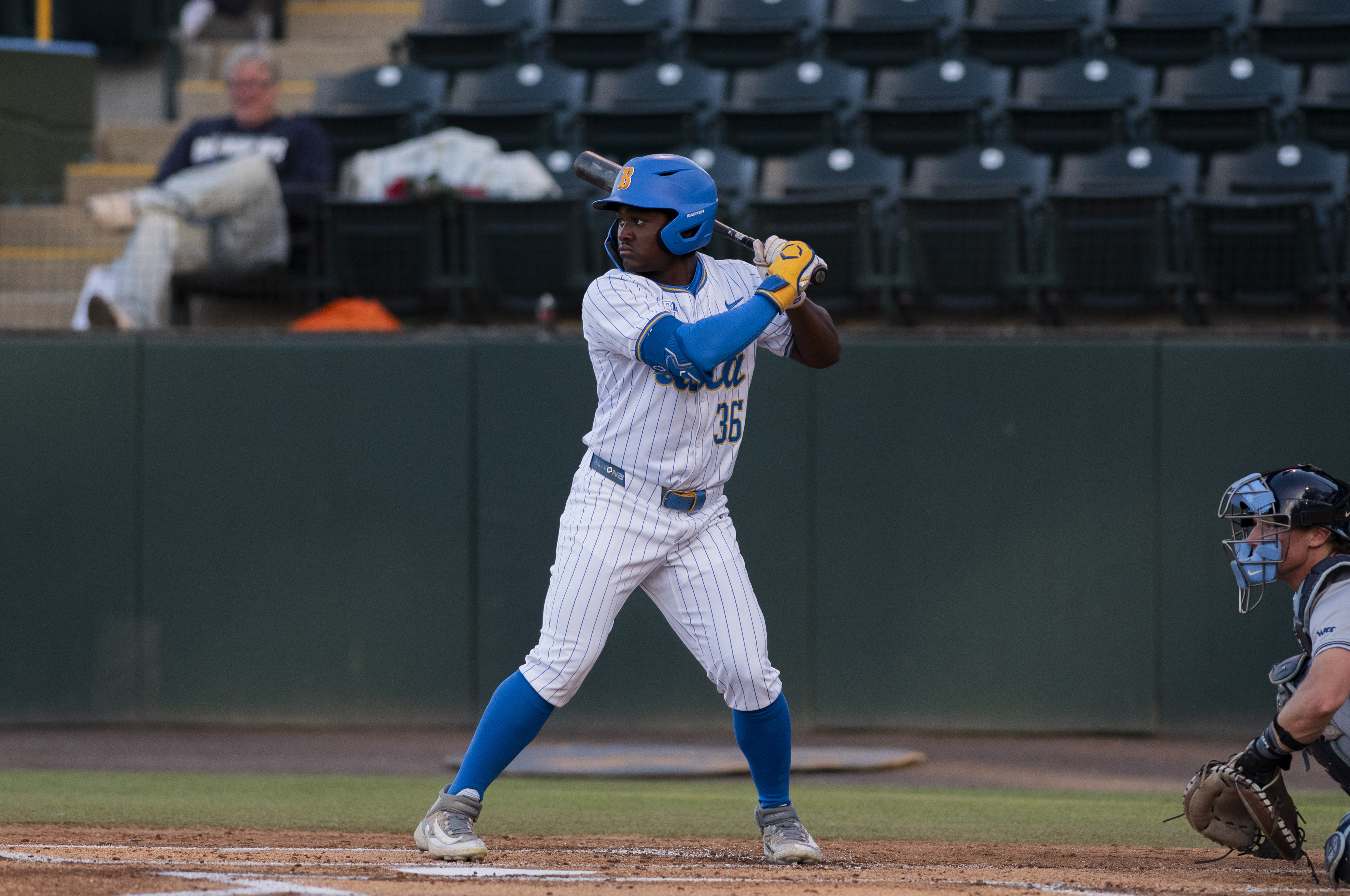 Sophomore left fielder Dean West stands in the box. West is second to Cholowsky for the team lead in batting average. (Bettina Wu/Daily Bruin senior staff)