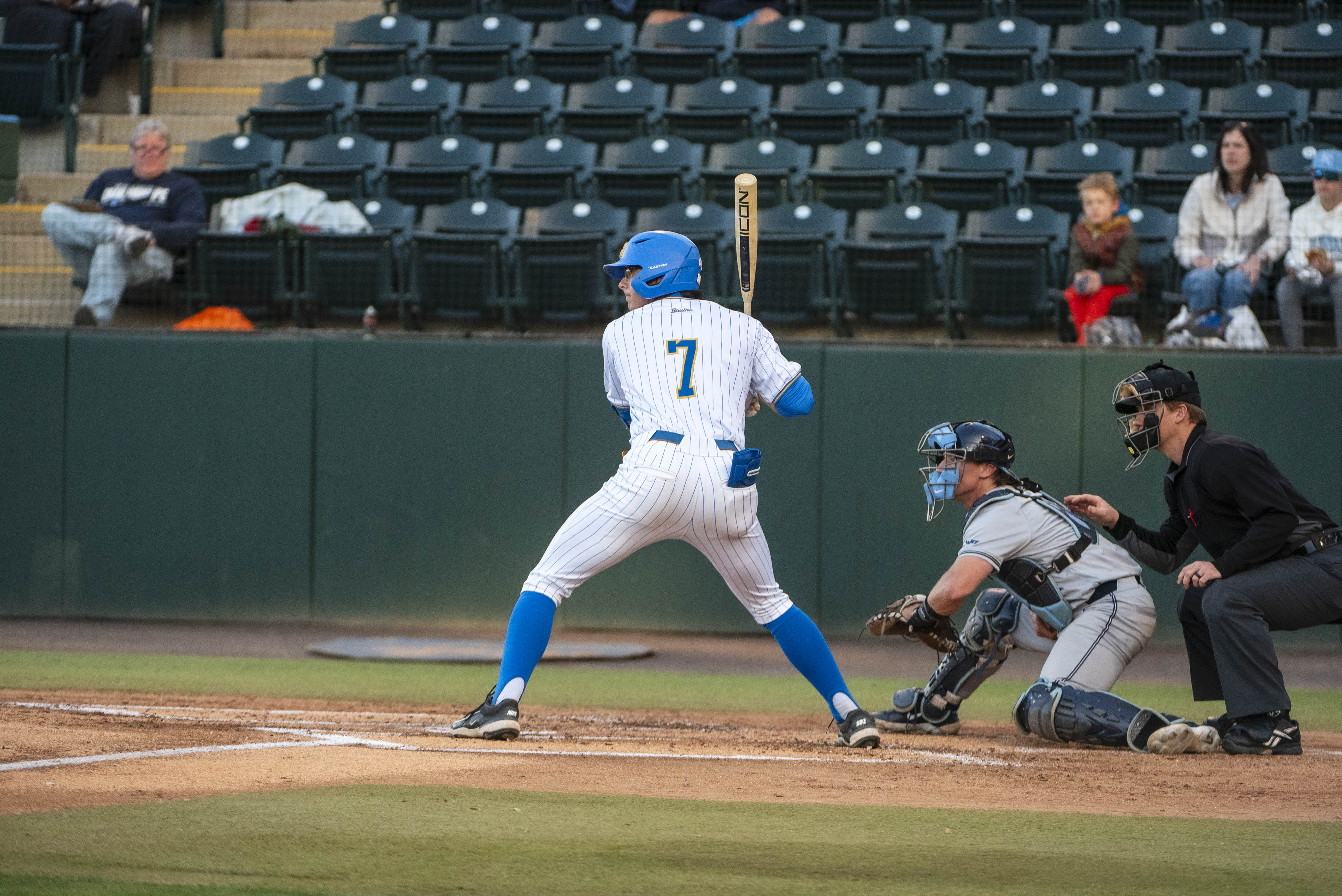 Sophomore third baseman Roman Martin anticipates a pitch at the plate. (Jeannie Kim/Daily Bruin senior staff)