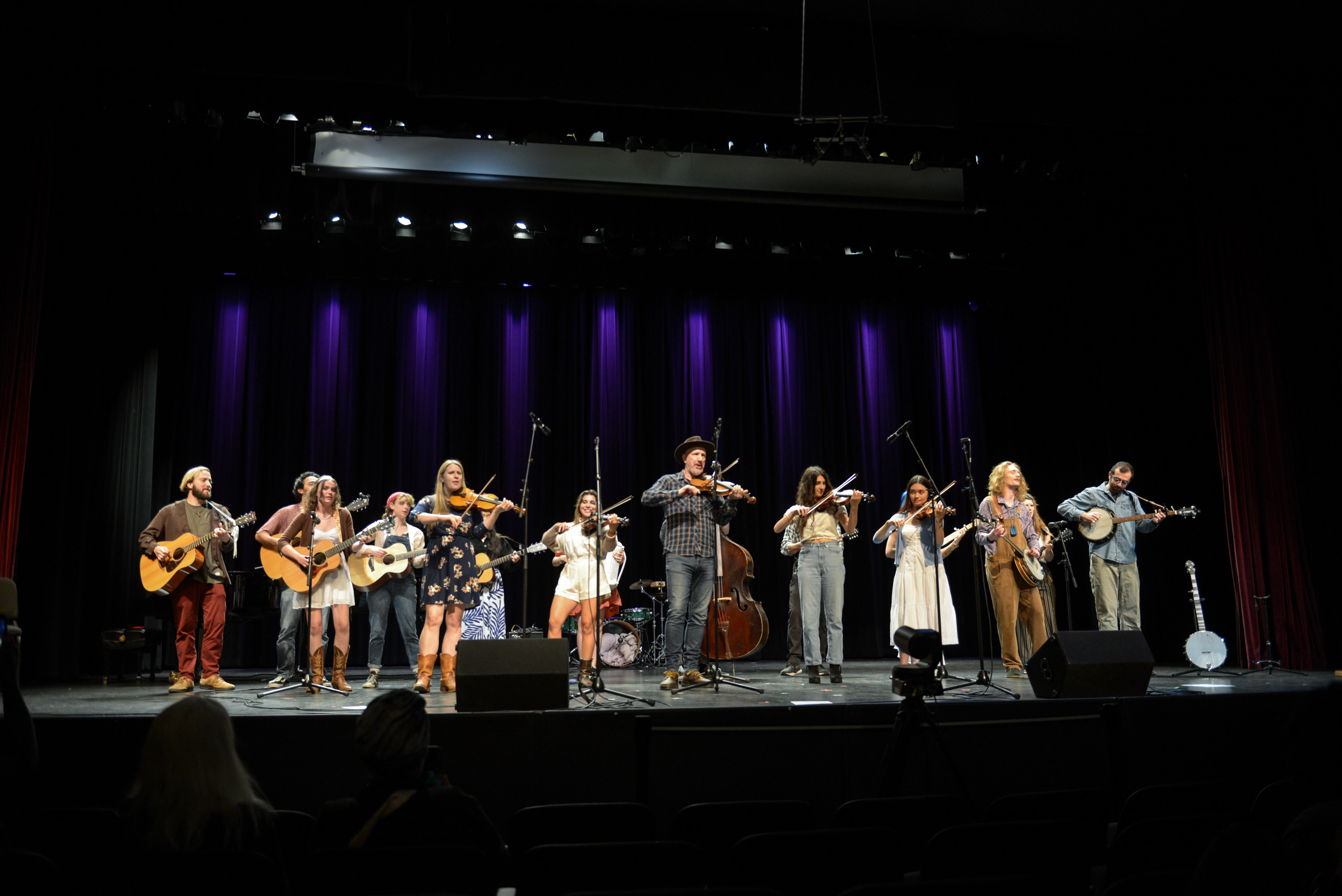 Members of the Old-Time String Band perform on stage with a variety of instruments. The ensemble will perform at Schoenberg Hall tonight at 7 p.m. alongside the African American Music Ensemble. (Courtesy of Vinai Supamongkolthaveesuk and The UCLA Herb Alpert School of Music)