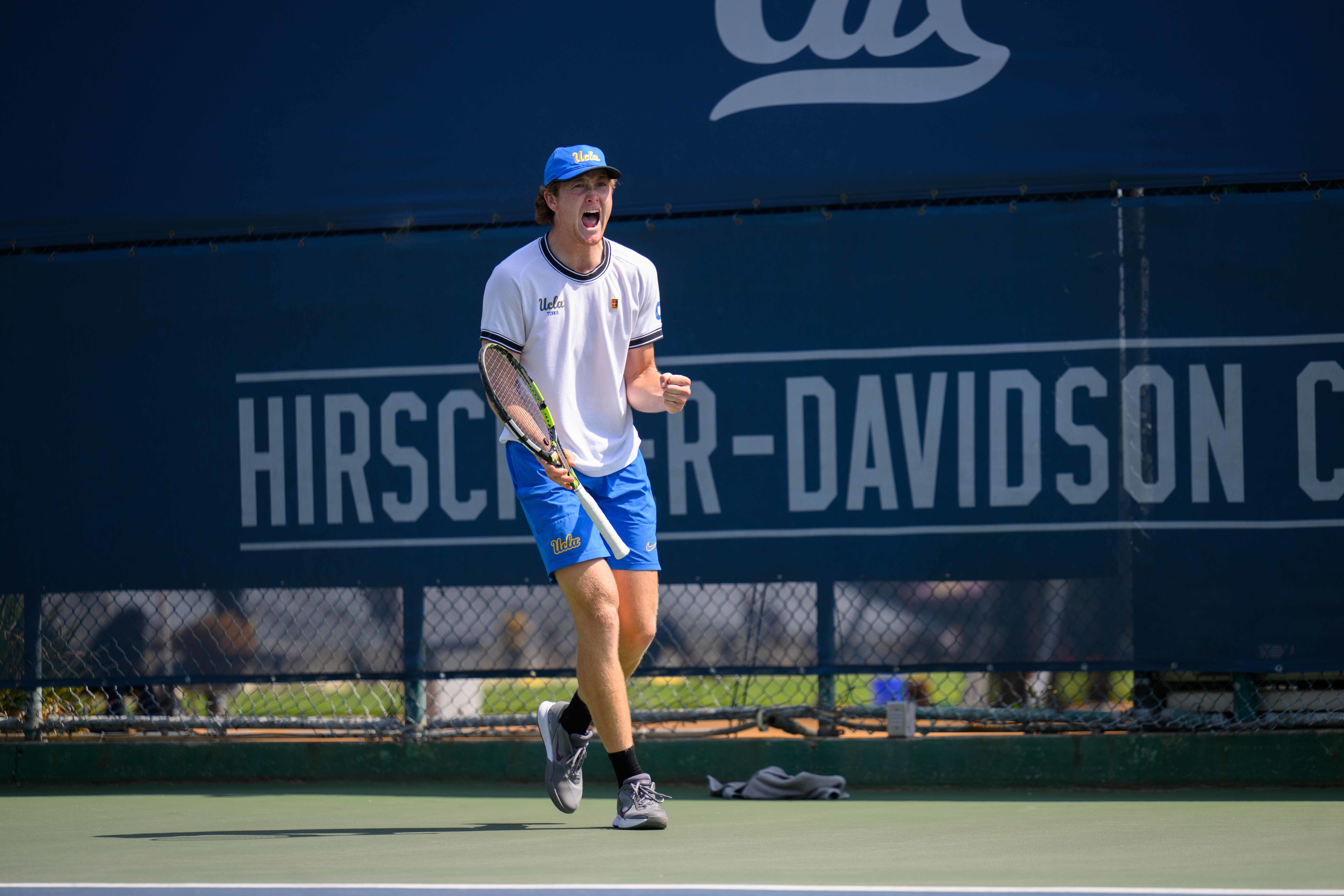 Johnson celebrates in Berkeley with a fist pump and a yell. (Nicolas Greamo/Daily Bruin senior staff)